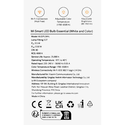 Xiaomi Essential LED Bulb, Wi-Fi, E27, 9W, 1700K - 6500K, 950lm BHR5743EU BHR5743EU 