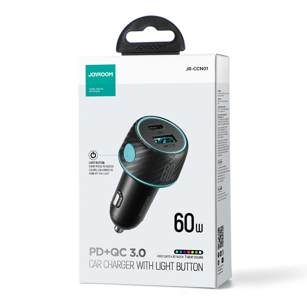 Joyroom Car Charger JR-CCN01, 60W, 3A, 1 x USB-A - 1 x USB-C, Black 